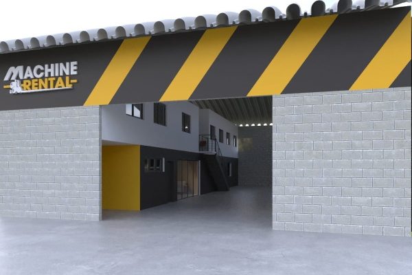 Um armazém moderno com paredes de tijolos cinza e uma grande entrada. A placa acima diz Aluguel de máquinas com listras diagonais pretas e amarelas. No interior, escritórios com janelas e uma escada sugerem uma atmosfera de oficina estética automotiva.