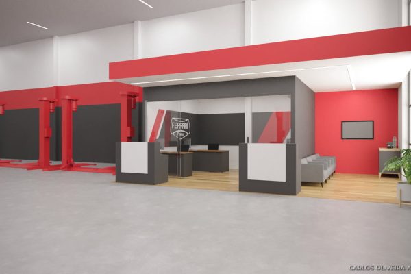 Um moderno centro de serviços automotivos com detalhes em vermelho e cinza apresenta arquitetura para oficinas automotivas, com uma área de escritório com paredes de vidro, assentos confortáveis, elevadores de carros na área de trabalho principal e decoração como uma planta e arte na parede na área de espera.