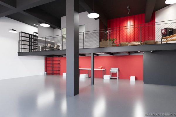 Interior de loft moderno com um mezanino, ideal para uma oficina estética automotiva. O andar inferior tem paredes vermelhas e brancas, mesas e prateleiras mínimas, enquanto a área de lounge superior tem assentos e um impressionante pano de fundo de cortina vermelha. Design industrial por toda parte.