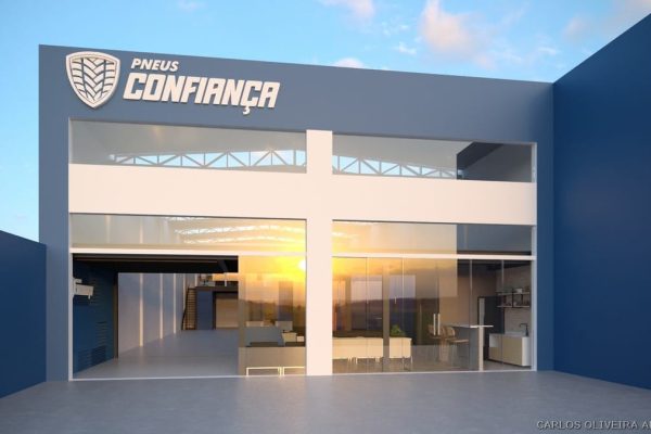 Edifício moderno em azul e branco com grandes janelas de vidro, exibindo a placa PNEUS CONFIANÇA e um logotipo de pneu acima da entrada. O interior dessa oficina estética automotiva é visível enquanto o sol se põe ao fundo.