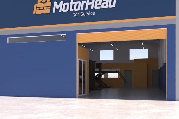 Uma moderna oficina estética automotiva com uma fachada azul e laranja, uma grande entrada de garagem aberta e uma placa onde se lê MotorHead Car Service. O interior é visível, mostrando elevadores de carros e espaços de trabalho.