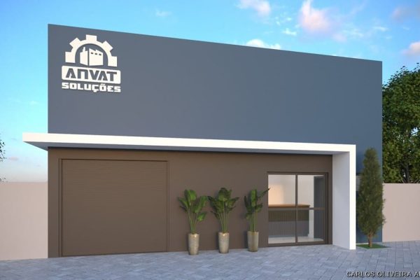 Edifício comercial moderno com fachada azul e marrom, com o logotipo e o nome ANVAT SOLUÇÕES na parede superior. Há três vasos de plantas na entrada e uma porta de vidro ao lado de uma grande janela.