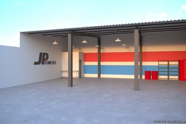 Garagem industrial moderna com teto alto, luzes expostas e uma parede listrada pintada de vermelho, azul e branco. Perfeito para uma oficina estética automotiva, o espaço limpo apresenta o logotipo da JP Diesel na parede, prateleiras e barris à direita.